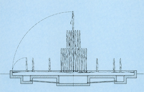 Line drawing illustrating fountain height and how it relates to pool size